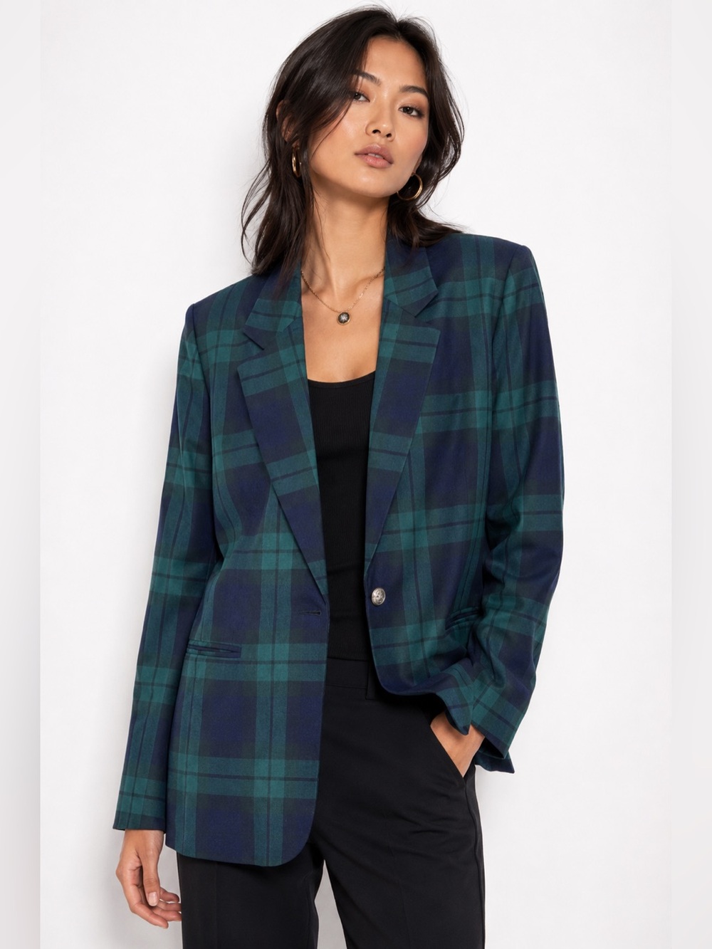 Vintage Tartan Plaid Old Money Heritage Blazer Single Button Black Watch Preppy
